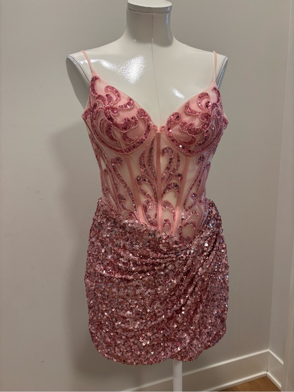 Stacees Rose Pink Sequin Embellished Mini Dress Corset Bodice - Picture 3 of 8